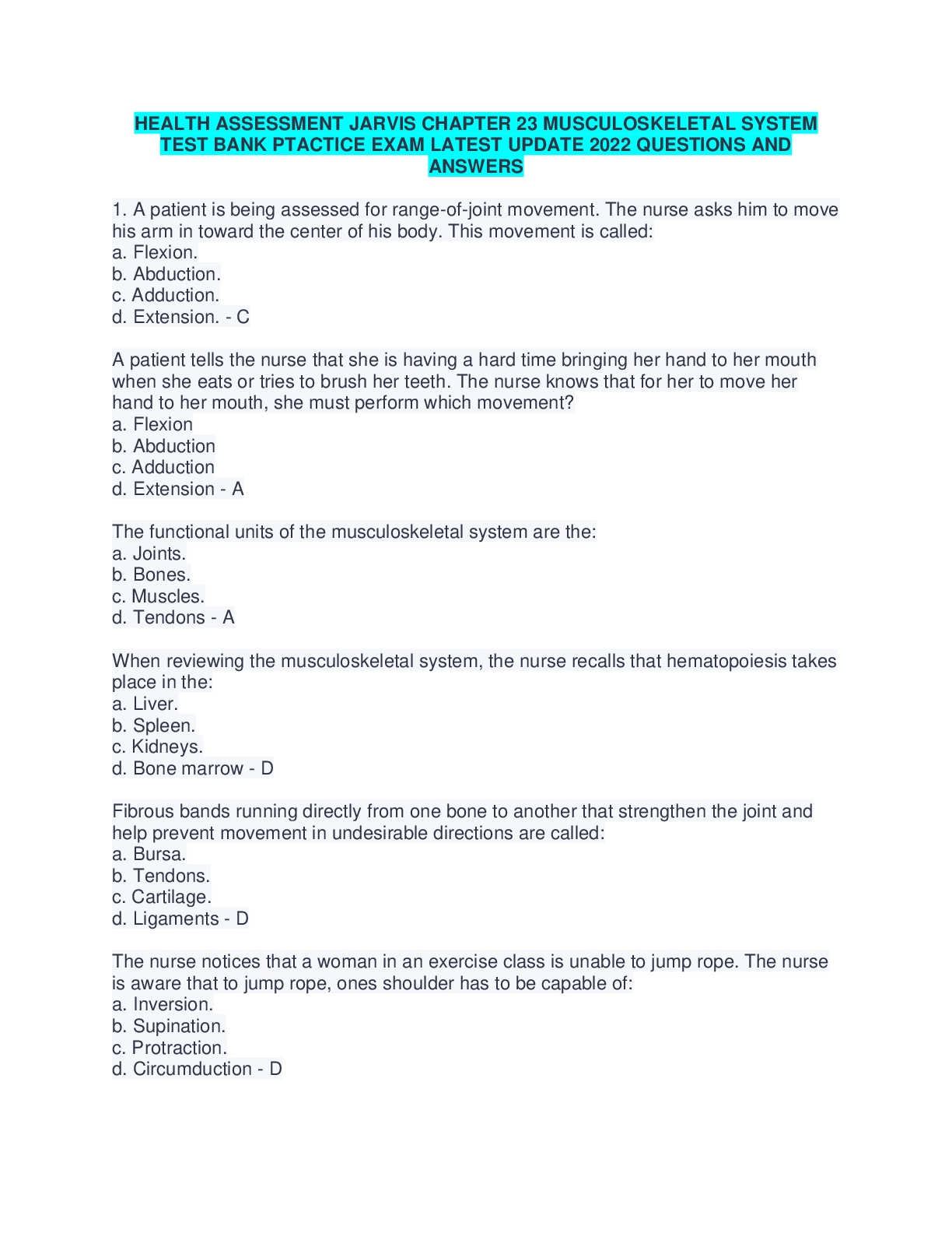 Preview image for HEALTH ASSESSMENT JARVIS CHAPTER 23 MUSCULOSKELETAL SYSTEM  TEST BANK PTACTICE EXAM LATEST UPDATE 2022 QUESTIONS AND  ANSWERS